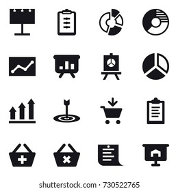 16 vector icon set : billboard, clipboard, circle diagram, statistic, presentation, diagram, graph up, target, add to cart, add to basket, delete cart, shopping list