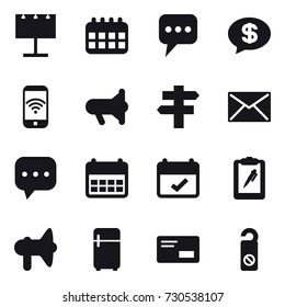 16 vector icon set : billboard, calendar, message, money message, phone wireless, megafon, singlepost, mail, loudspeaker, fridge, do not distrub