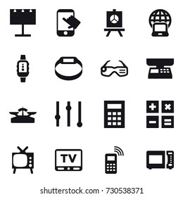 16 vector icon set : billboard, touch, presentation, notebook globe, smartwatch, smart bracelet, smart glasses, market scales, scales, equalizer, calculator, tv