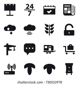 16 vector icon set : billboard, 24/7, calendar, newspaper, cloude service, cloud wireless, unlock, tower crane, trailer, baggage trolley, mushroom, hive