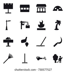 16 vector icon set : billboard, market, dome house, outdoor light, palm, restaurant, golf, rake, sickle, blower, garden cleaning