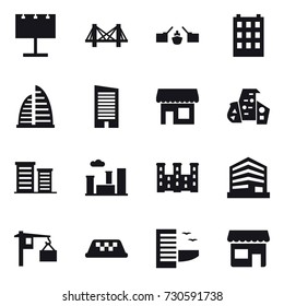 16 vector icon set : billboard, bridge, drawbridge, building, skyscraper, shop, modern architecture, district, city, palace, taxi, hotel