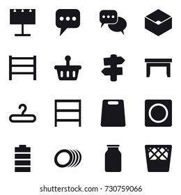 16 vector icon set : billboard, message, discussion, box, signpost, table, hanger, rack, cutting board, ring button, trash bin