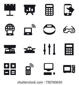 16 vector icon set : billboard, presentation, calculator, touch, notebook globe, notebook wireless, smart bracelet, smart glasses, market scales, scales, equalizer