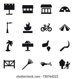 16 vector icon set : billboard, market, dome house, outdoor light, bike, tent, palm, restaurant, golf, sickle, farm fence, rake, blower, garden cleaning