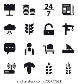 16 vector icon set : billboard, coin stack, 24/7, newspaper, cloud wireless, unlock, tower crane, baggage trolley, shark flipper, spikelets
