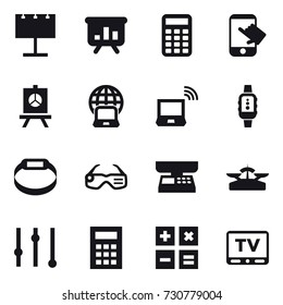 16 vector icon set : billboard, presentation, calculator, touch, notebook globe, notebook wireless, smartwatch, smart bracelet, smart glasses, market scales, scales, equalizer, tv