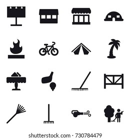 16 vector icon set : billboard, market, dome house, bike, tent, palm, restaurant, golf, rake, farm fence, blower, garden cleaning