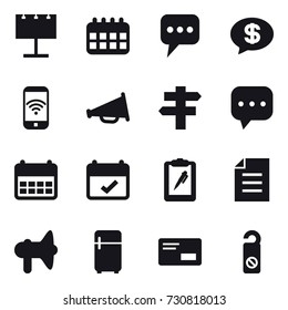 16 vector icon set : billboard, calendar, message, money message, phone wireless, loudspeaker, singlepost, fridge, do not distrub