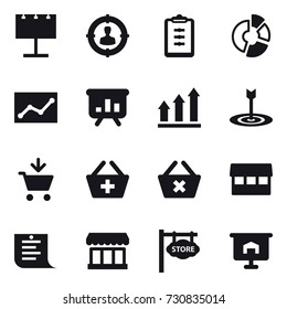 16 vector icon set : billboard, target audience, clipboard, circle diagram, statistic, presentation, graph up, target, add to cart, add to basket, delete cart, market, shopping list, store signboard