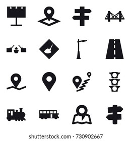16 vector icon set : billboard, pointer, singlepost, bridge, drawbridge, under construction, outdoor light, train, bus, map, signpost