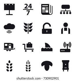 16 vector icon set : billboard, 24/7, newspaper, structure, cloud wireless, unlock, trailer, baggage trolley, shark flipper, spikelets, mushroom, hive