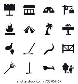 16 vector icon set : billboard, market, dome house, tent, palm, restaurant, golf, rake, sickle, farm fence, blower, garden cleaning