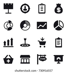 16 vector icon set : billboard, target audience, clipboard, money bag, circle diagram, statistic, diagram, graph up, target, add to cart, add to basket, market, store signboard, presentation