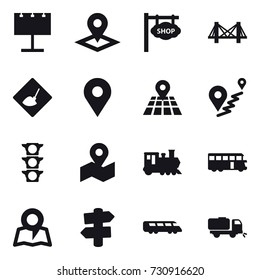 16 vector icon set : billboard, pointer, shop signboard, bridge, under construction, train, bus, map, signpost, sweeper