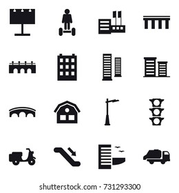 16 vector icon set : billboard, hoverboard, store, bridge, building, skyscrapers, district, house, outdoor light, escalator, hotel, trash truck