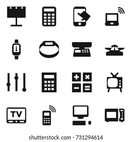 16 vector icon set : billboard, calculator, touch, notebook wireless, smartwatch, smart bracelet, market scales, scales, equalizer, tv