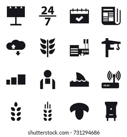16 vector icon set : billboard, 24/7, calendar, newspaper, cloude service, mall, tower crane, shark flipper, spikelets, mushroom, hive
