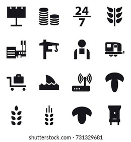 16 vector icon set : billboard, coin stack, 24/7, mall, tower crane, trailer, baggage trolley, shark flipper, spikelets, mushroom, hive