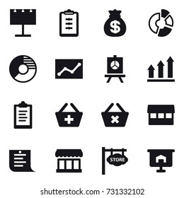 16 vector icon set : billboard, clipboard, money bag, circle diagram, statistic, presentation, graph up, add to basket, delete cart, market, shopping list, store signboard