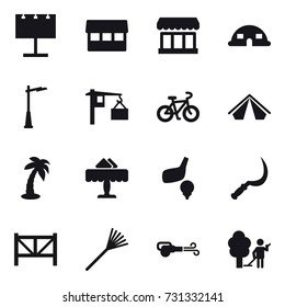 16 vector icon set : billboard, market, dome house, outdoor light, bike, tent, palm, restaurant, golf, sickle, farm fence, rake, blower, garden cleaning