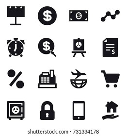 16 vector icon set : billboard, dollar, money, graph, alarm clock, dollar arrow, presentation, account balance, percent, cashbox, safe, locked, housing