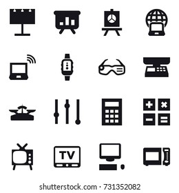 16 vector icon set : billboard, presentation, notebook globe, notebook wireless, smartwatch, smart glasses, market scales, scales, equalizer, calculator, tv