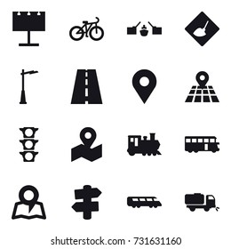 16 vector icon set : billboard, bike, drawbridge, under construction, outdoor light, train, bus, map, signpost, sweeper