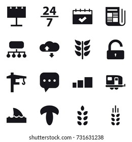 16 vector icon set : billboard, 24/7, calendar, newspaper, structure, cloude service, unlock, tower crane, trailer, shark flipper, spikelets