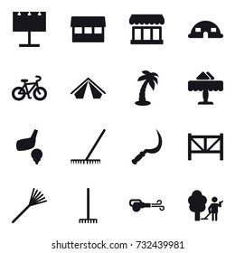 16 vector icon set : billboard, market, dome house, bike, tent, palm, restaurant, golf, rake, sickle, farm fence, blower, garden cleaning