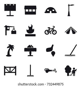 16 vector icon set : billboard, market, dome house, outdoor light, bike, tent, palm, restaurant, golf, rake, farm fence, blower, garden cleaning