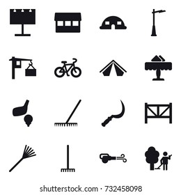 16 vector icon set : billboard, market, dome house, outdoor light, bike, tent, restaurant, golf, rake, sickle, farm fence, blower, garden cleaning