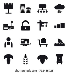 16 vector icon set : billboard, coin stack, structure, cloud wireless, mall, unlock, tower crane, trailer, baggage trolley, shark flipper, spikelets, mushroom, hive