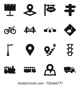 16 vector icon set : billboard, pointer, shop signboard, singlepost, bike, bridge, drawbridge, under construction, outdoor light, train, bus, map, sweeper