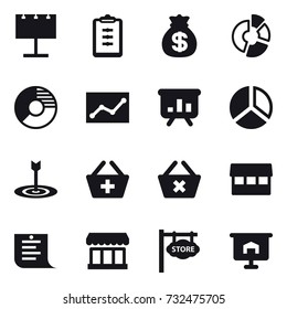 16 vector icon set : billboard, clipboard, money bag, circle diagram, statistic, presentation, diagram, target, add to basket, delete cart, market, shopping list, store signboard
