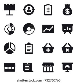16 vector icon set : billboard, target audience, clipboard, money bag, circle diagram, statistic, presentation, diagram, add to basket, delete cart, market, shopping list