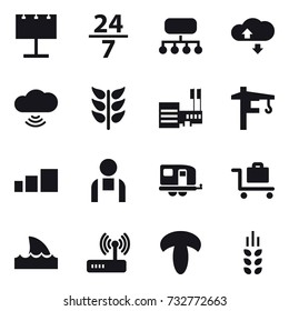 16 vector icon set : billboard, 24/7, structure, cloude service, cloud wireless, mall, tower crane, trailer, baggage trolley, shark flipper, spikelets