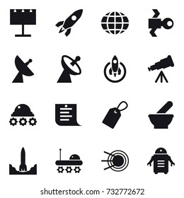16 vector icon set : billboard, rocket, globe, satellite, satellite antenna, telescope, lunar rover, shopping list, label