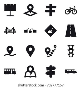 16 vector icon set : billboard, pointer, singlepost, bike, bridge, drawbridge, under construction, bus, map, signpost