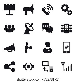 16 vector icon set : billboard, loudspeaker, call, gear, group, satellite antenna, discussion, server, mobile checking