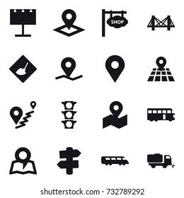 16 vector icon set : billboard, pointer, shop signboard, bridge, under construction, bus, map, signpost, sweeper