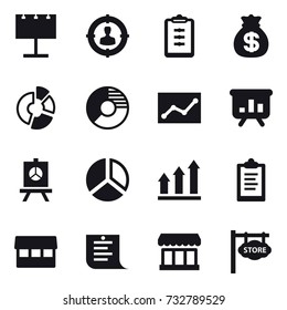 16 vector icon set : billboard, target audience, clipboard, money bag, circle diagram, statistic, presentation, diagram, graph up, market, shopping list, store signboard