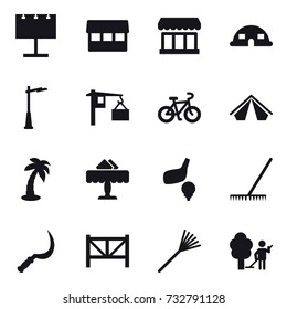 16 vector icon set : billboard, market, dome house, outdoor light, bike, tent, palm, restaurant, golf, rake, sickle, farm fence, garden cleaning