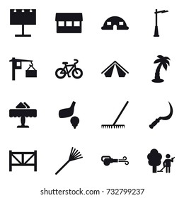16 vector icon set : billboard, market, dome house, outdoor light, bike, tent, palm, restaurant, golf, rake, sickle, farm fence, blower, garden cleaning