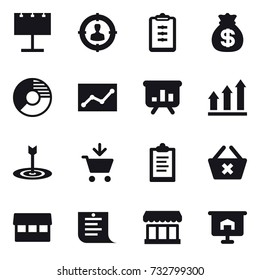 16 vector icon set : billboard, target audience, clipboard, money bag, circle diagram, statistic, presentation, graph up, target, add to cart, delete cart, market, shopping list