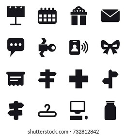 16 vector icon set : billboard, calendar, gift, mail, message, satellite, pass card, bow, atm receipt, singlepost, signpost, hanger