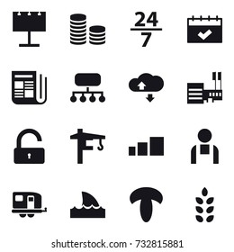 16 vector icon set : billboard, coin stack, 24/7, calendar, newspaper, structure, cloude service, mall, unlock, tower crane, trailer, shark flipper, spikelets