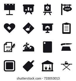 16 vector icon set : billboard, presentation, shop signboard, under construction, surfer, cutting board, utility room, iron board
