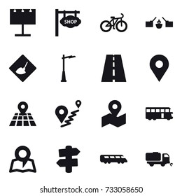 16 vector icon set : billboard, shop signboard, bike, drawbridge, under construction, outdoor light, bus, map, signpost, sweeper