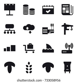 16 vector icon set : billboard, coin stack, calendar, newspaper, structure, cloude service, mall, tower crane, baggage trolley, shark flipper, spikelets, mushroom, hive